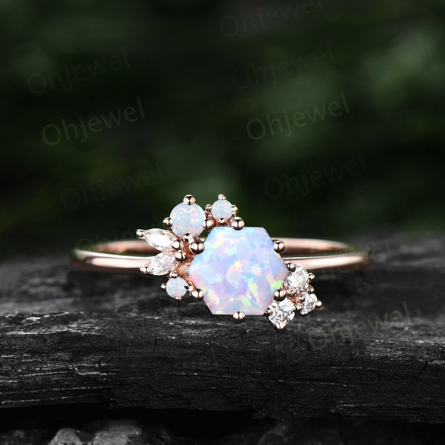 Hexagon Cut White Opal Ring Rose Gold Silver Vintage Unique - Etsy