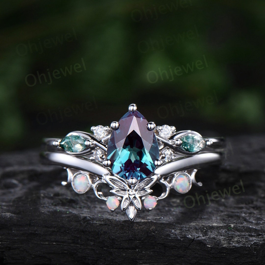 Vintage Pear Alexandrite Engagement Ring Set Art Deco Solid 14k White ...