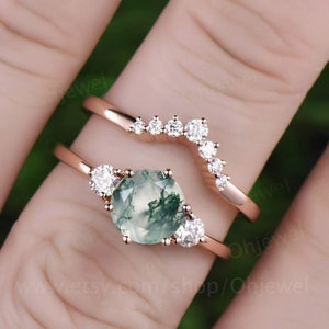 Round moss agate ring set vintage moss agate engagement ring set rose gold moissanite ring set three stone ring bridal ring set for women