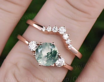 Round moss agate ring set vintage moss agate engagement ring set rose gold moissanite ring set three stone ring bridal ring set for women