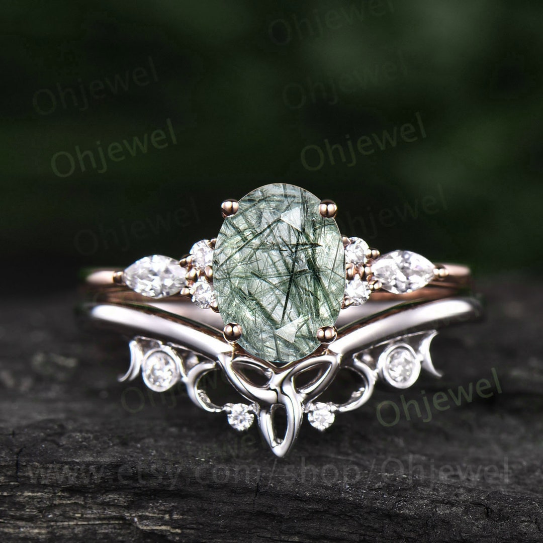Unique Wedding Ring Set Oval Cut Green Rutilated Quartz Engagement Ring ...
