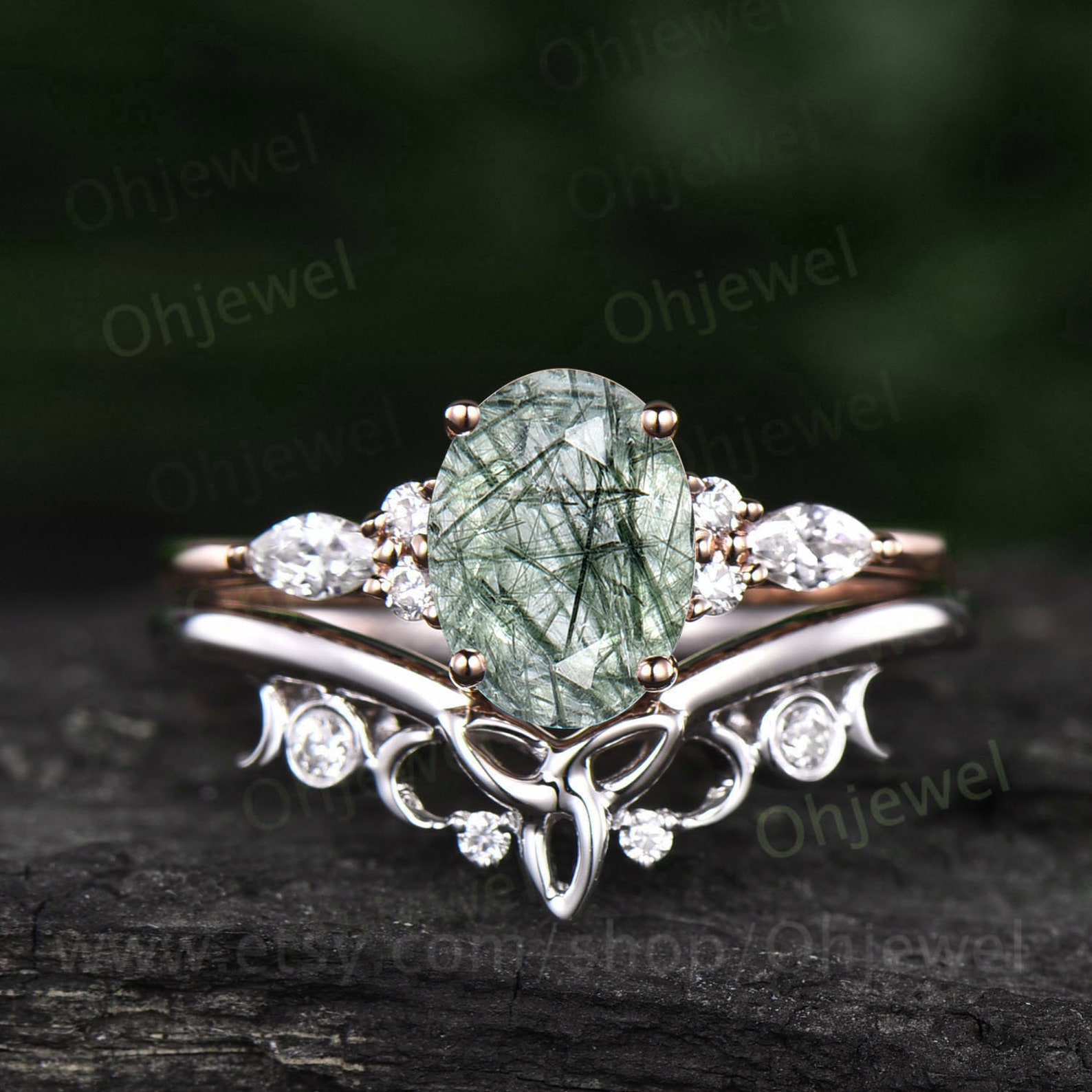 Unique Wedding Ring Set Oval Cut Green Rutilated Quartz Engagement Ring ...