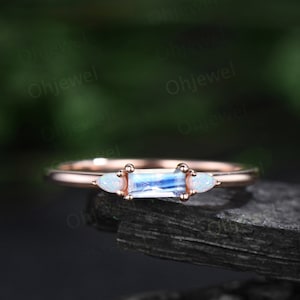 Mondstein Ring im Baguetteschliff Vintage Dreistein Pear Opal Ring Rosegold 585 Rosegold Unikat Verlobungsring Frauen Jahrestag Ring Geschenk