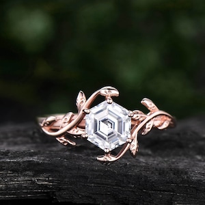 Vintage Hexagon moissanite engagement ring leaf flower unique solitaire 14k rose gold engagement ring bridal wedding ring for women silver