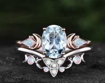 Vintage oval cut aquamarine engagement ring Moon kite opal ring solid 14k rose gold moissanite promise bridal ring set women jewelry