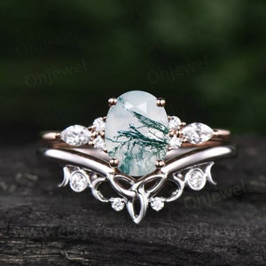 Unique bridal ring set oval cut moss agate engagement ring set vintage moissanite ring set white gold women cluster marquise ring jewelry