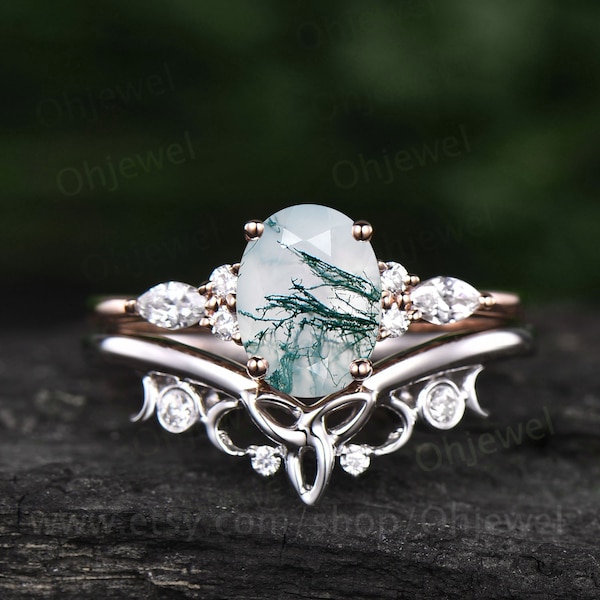 Conjunto único de anillos de compromiso de ágata musgosa de corte ovalado, conjunto de anillos vintage de moissanita, conjunto de anillos de oro blanco para mujer con diseño de marquesa en racimo.