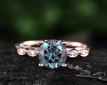 Round cut Alexandrite engagement ring color change Alexandrite ring vintage for women rose gold diamond jewelry bridal anniversary gift