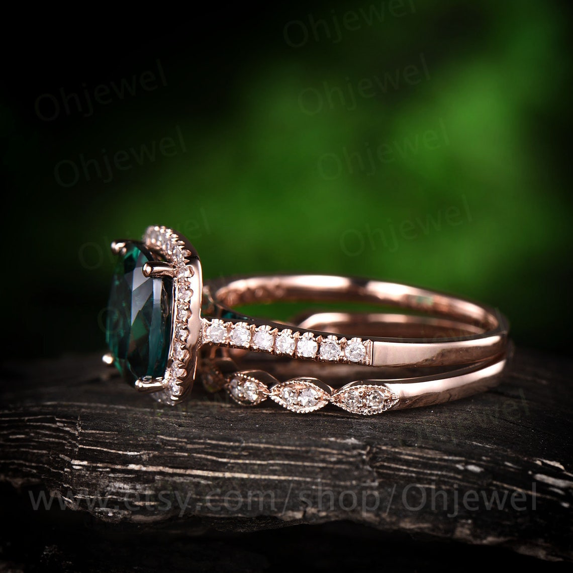 2.3ct Green Emerald Engagement Ring Set Rose Gold 14K/18K Emerald Ring ...