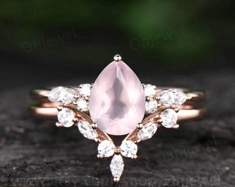 Pear shaped rose quartz engagement ring set 14k rose gold silver art deco unique vintage engagement ring moissanite promise ring set women