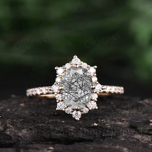 Vintage black rutilated quartz engagement ring moissanite unique best engagement ring rose gold ring for women dainty jewelry promise ring