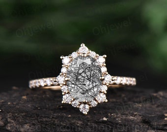 Vintage Black Rutilated Quartz Engagement Ring Moissanite Unique