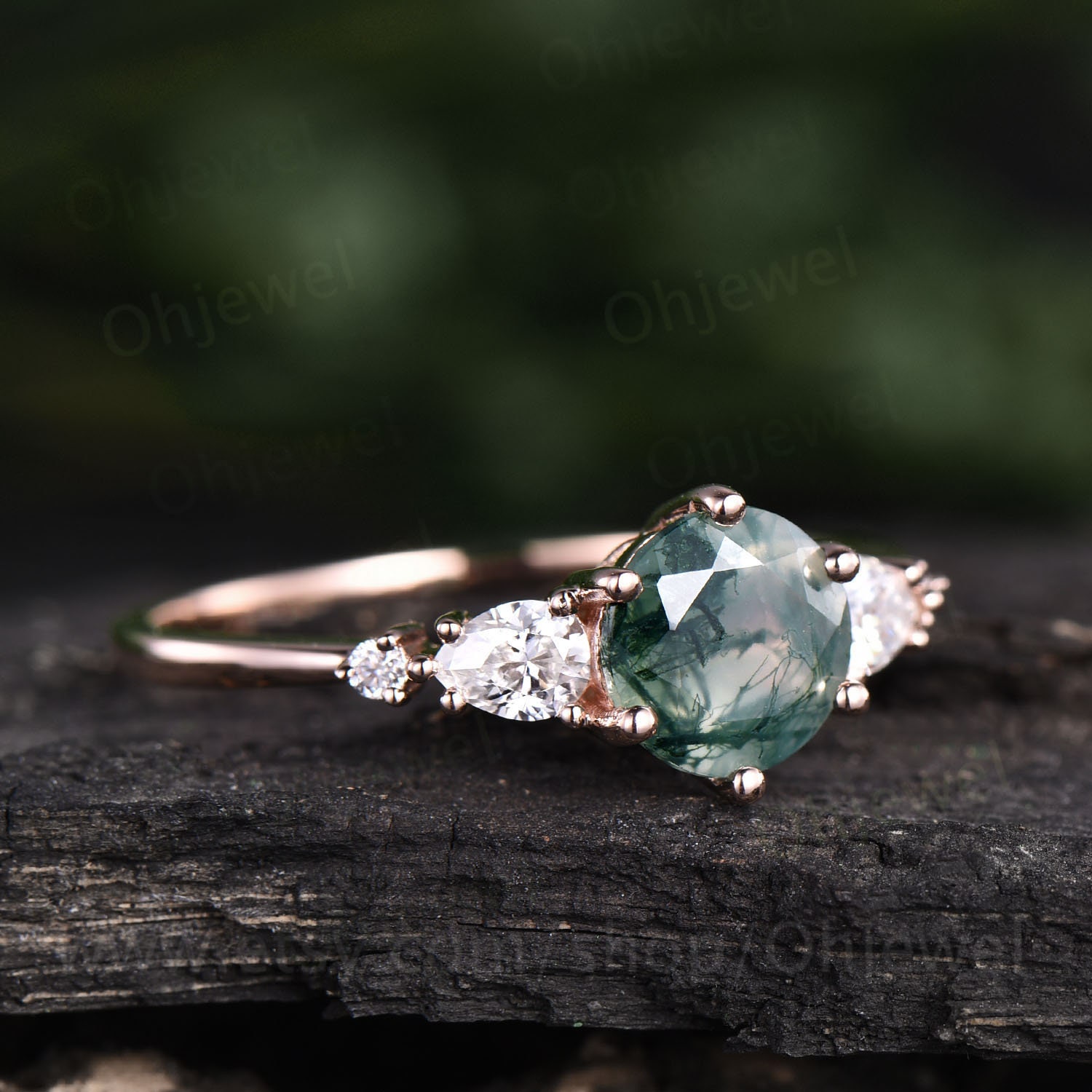 Round Moss Agate Ring Vintage Moss Agate Engagement Ring Five - Etsy