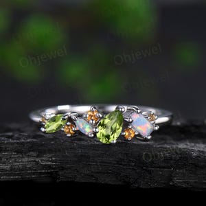 Cluster pear peridot ring art deco Baguette opal ring dainty citrine ring women solid 14k white gold anniversary wedding ring band gift