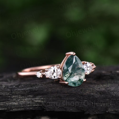 Vintage Pear Shaped Moss Agate Engagement Ring Set Rose Gold - Etsy