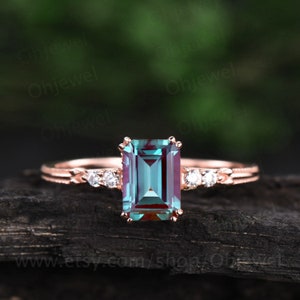 Vintage emerald cut Alexandrite engagement ring 14k rose gold Alexandrite ring for women five stone diamond ring unique bridal ring jewelry