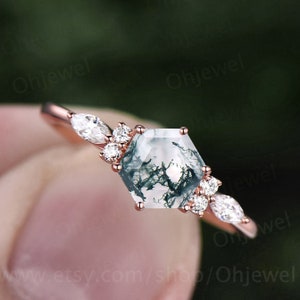 Hexagon Moosachat Ring zierliche Vintage Grün Moosachat Verlobungsring Art Deco 7 Steine Moissanite Ring Roségold für Frauen Versprechensring
