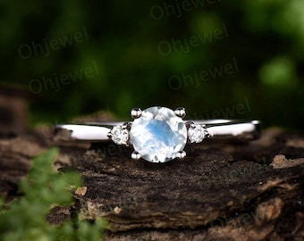 Three stone moonstone engagement ring white gold 14K/18K moonstone ring gold  june birthstone ring diamond wedding ring unique promise ring