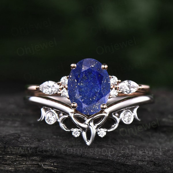 Lapis Lazuli ring gold vintage oval cut Lapis Lazuli engagement ring set sterling silver moissanite ring women Norse Viking ring Jewelry