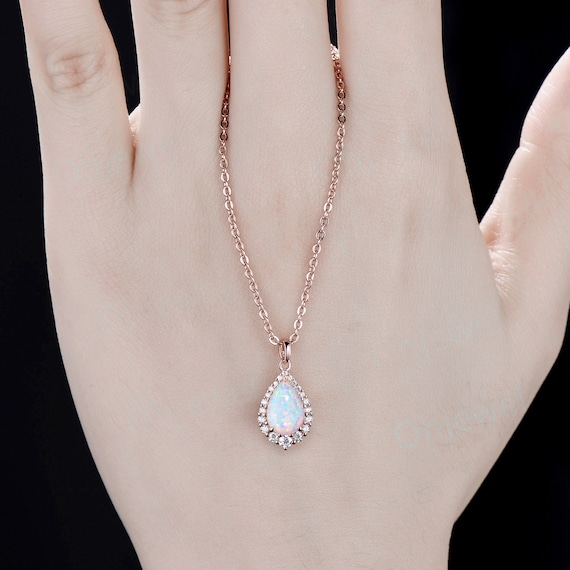 Pear Cut White Opal Necklace Snowdrift Halo Diamond