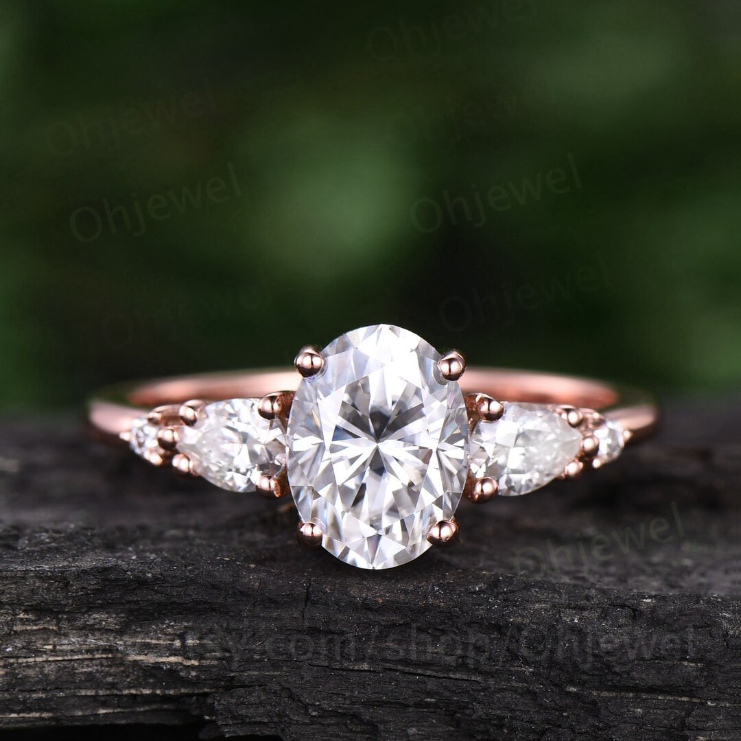 Vintage Oval Moissanite Engagement Ring Five Stone Unique Pear - Etsy