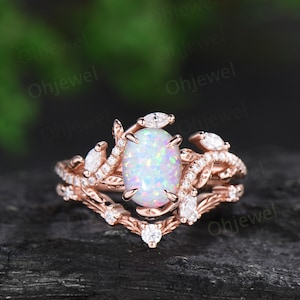 Ovaler weißer Opalring Vintage Roségold Blatt Natur inspiriert einzigartige Verlobungsring halbe Ewigkeit Diamant Jahrestagsring Geschenk für Frauen