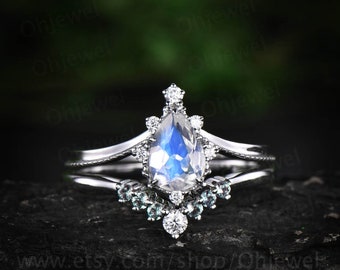 2pcs pear moonstone engagement ring set vintage alexandrite ring set white gold unique alexandrite wedding band June birthstone ring set