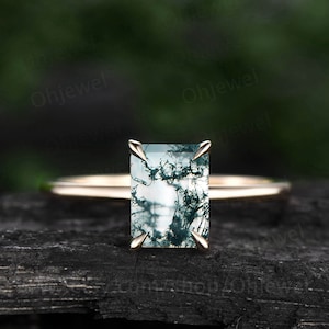 Green moss agate ring vintage dainty solitaire emerald cut moss agate engagement ring gold sterling silver for women Minimalist bridal ring