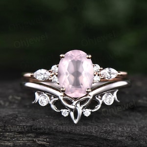 Anillo de compromiso de cuarzo rosa de corte ovalado vintage único anillo de cuarzo rosa oro rosa anillo de moissanita mujeres Anillo vikingo nórdico Joyería