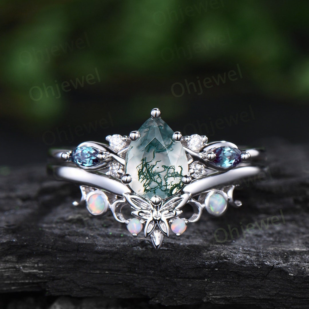 Vintage Pear Natural Moss Agate Engagement Ring White Gold Moon ...