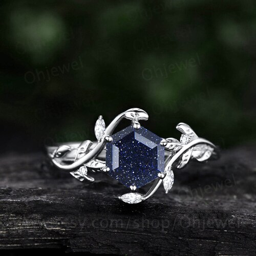 Vintage Hexagon cut blue sandstone engagement ring nature inspired sapphire ring women leaf white gold branch bridal shops wedding ring jewelry