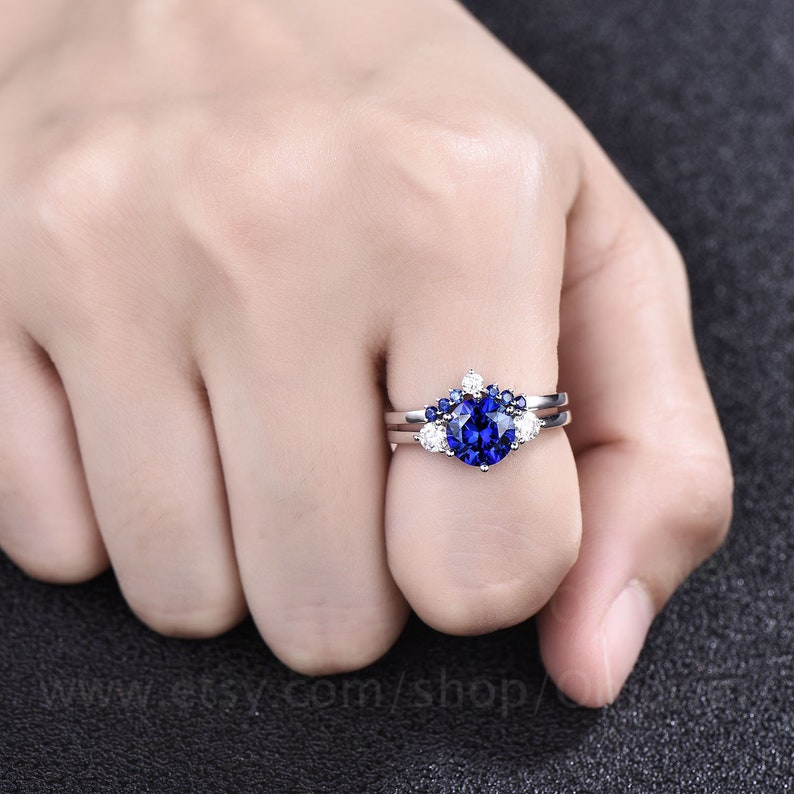 Vintage unique blue sapphire engagement ring set 14k rose gold three stone moissanite ring minimalist bridal wedding ring set for women gift image 7