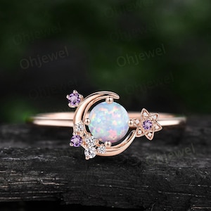 Round opal ring vintage cluster amethyst ring rose gold unique moon engagement ring retro star flower moissanite bridal wedding ring women