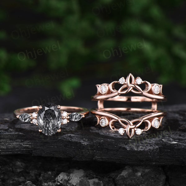 Oval cut black rutilated quartz engagement ring rose gold moon Celtic knot bezel diamond wedding band enhancer unique bridal ring set women