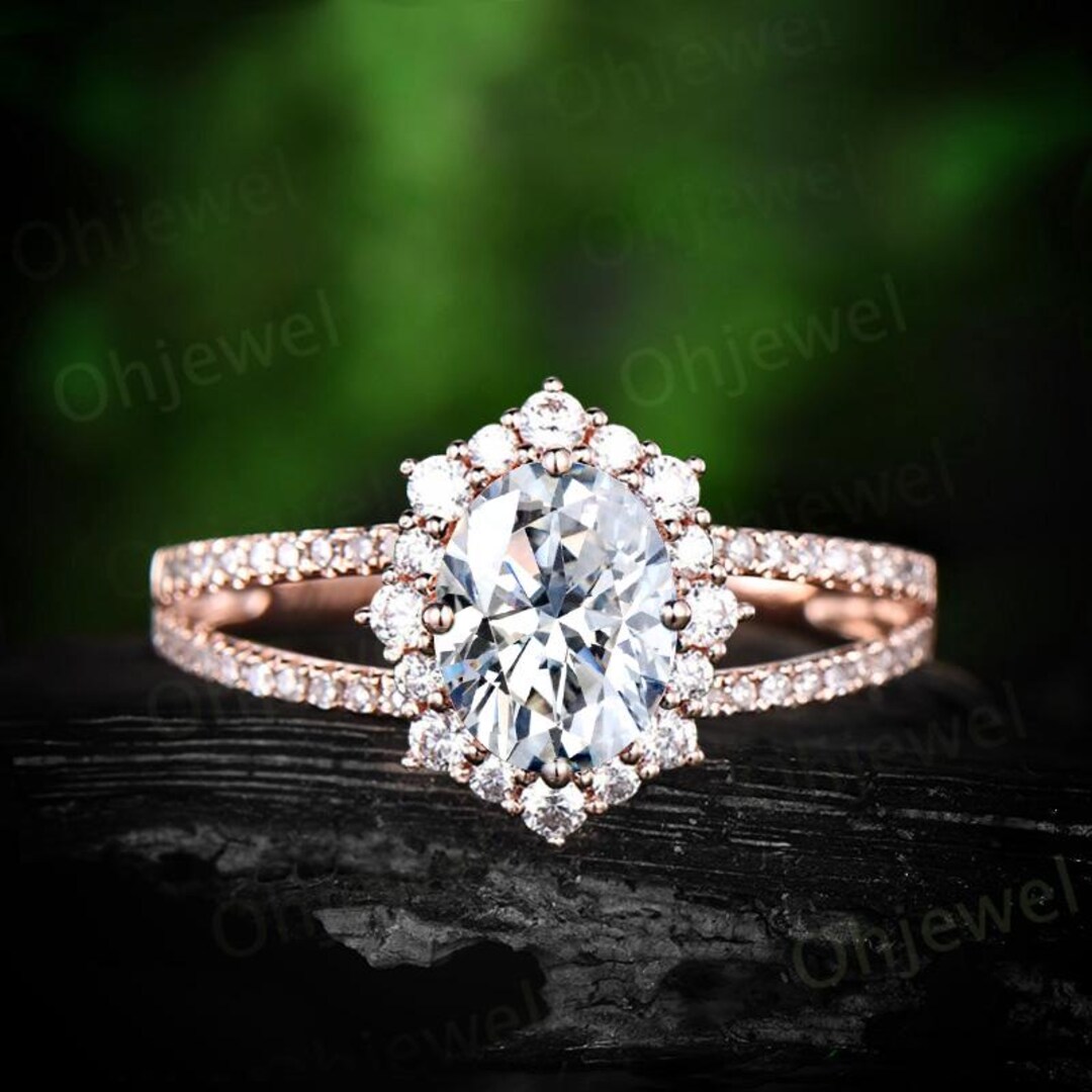 Oval Cut Moissanite Engagement Ring Vintage Halo Split Shank Half ...