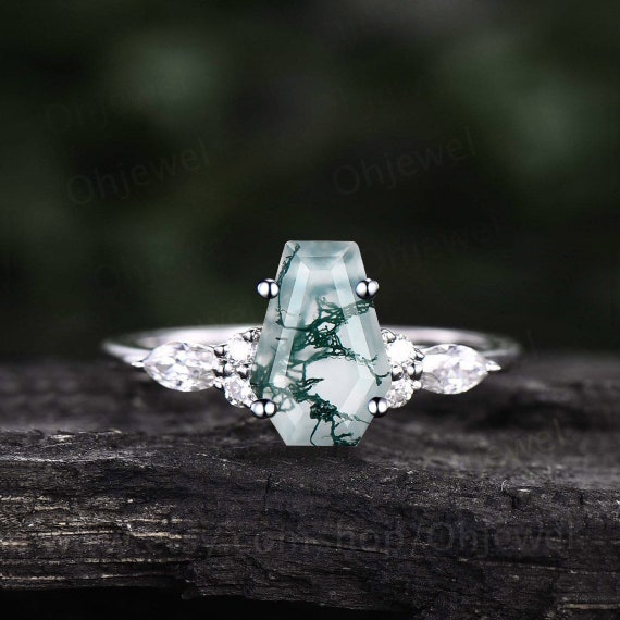 Coffin shaped green moss agate ring unique engagement ring 14k rose gold  silver art deco diamond ring women anniversary wedding promise ring