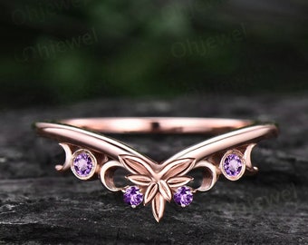 Unique Amethsyt wedding band solid 14k rose gold vintage dainty leaf wedding ring band women Celtic Knot Norse Viking ring Jewelry gift