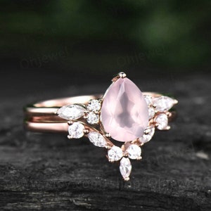 Pear Shaped Rose Quartz Engagement Ring Set 14k Rose Gold - Etsy