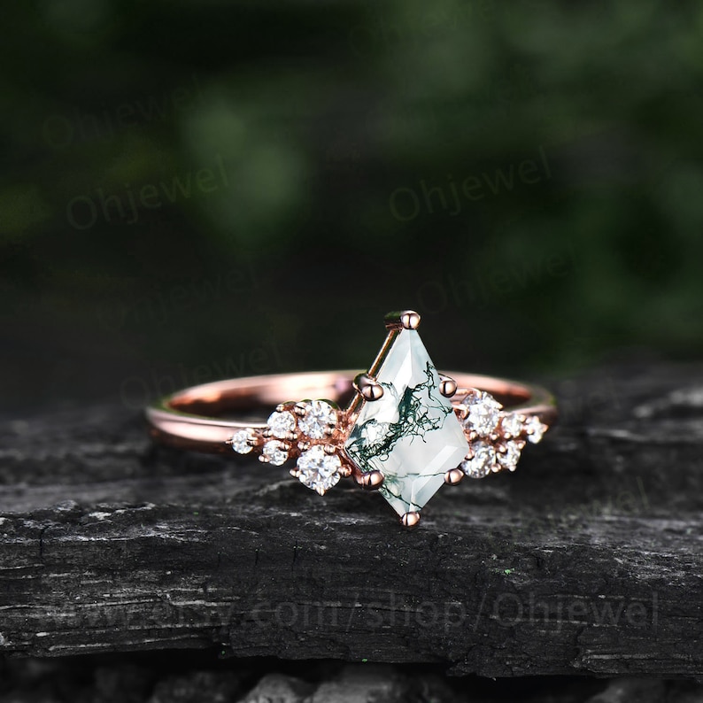 Green Moss Agate Engagement Ring Set Kite Cut Ring Rose Gold - Etsy