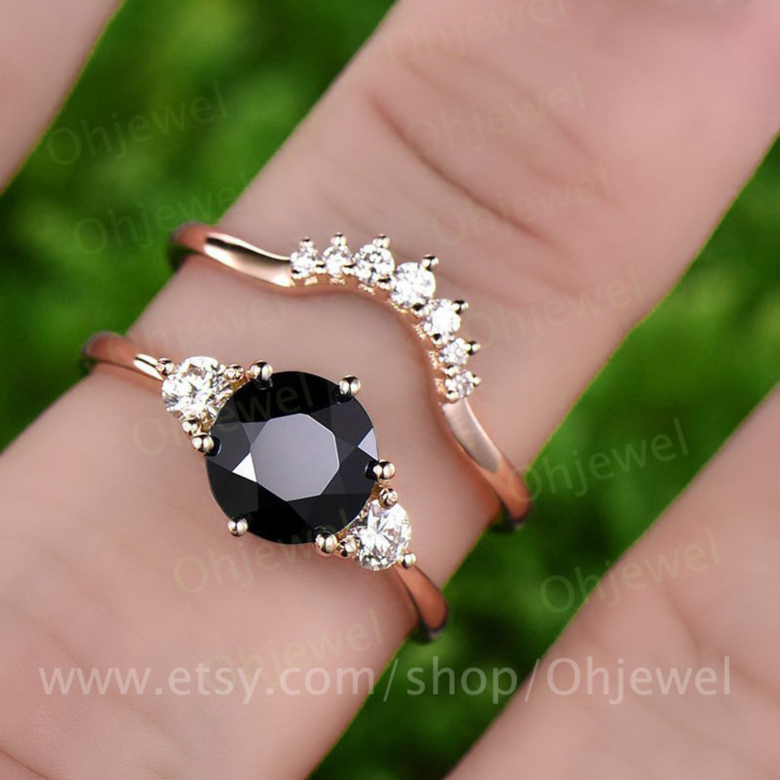 Natural black spinel engagement ring set rose gold 14K/18K Etsy