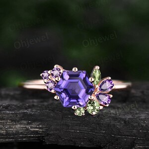 Vintage Sechseck lila Saphir Verlobungsring Roségold Cluster Peridot Amethyst Ring Frauen zierlich Ring 6 Zinke Edelstein Jahrestag Ring Geschenk