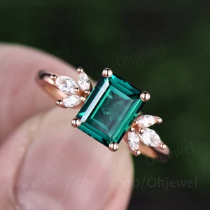 Emerald cut emerald engagement ring 7 stone rose gold silver ring marquise ring setting unique moissanite ring for women dainty wedding ring