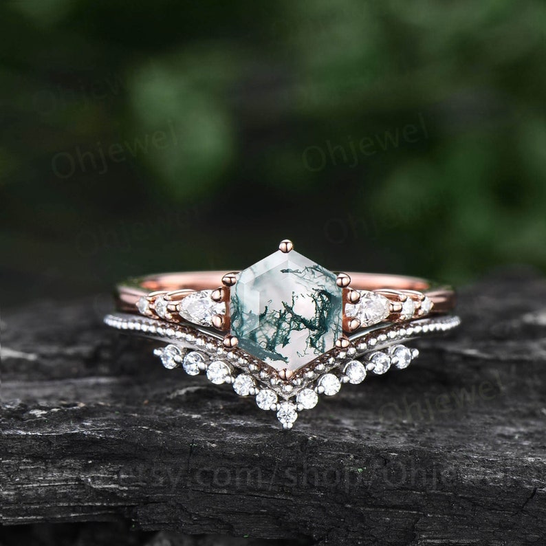 Hexagon cut green moss agate ring vintage unique moss agate 2pc ring set