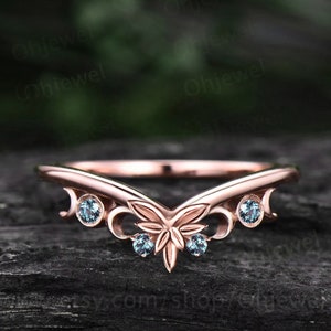 Unique Alexandrite wedding band solid 14k rose gold vintage dainty leaf wedding ring band women Celtic Knot Norse Viking ring Jewelry gift