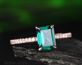 Emerald cut emerald ring for women vintage emerald engagement ring rose gold unique bridal ring half eternity diamond ring anniversary gift