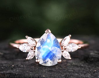 Art deco marquise engagement ring vintage moonstone engagement ring rose gold pear shaped wedding ring moissanite ring June birthstone ring