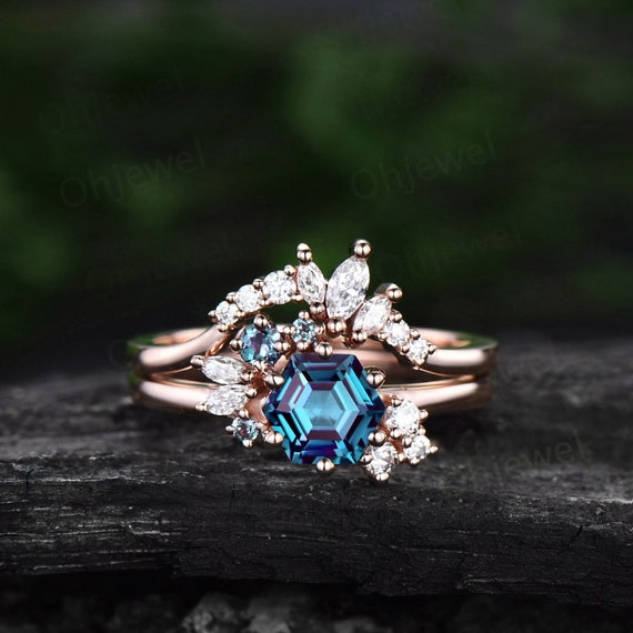 Hexagon Cut Alexandrite Ring Rose Gold Unique Cluster - Etsy