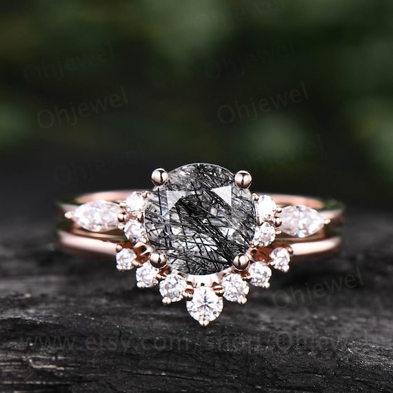 14k Gold Coffin Engagement Ring Set With Black Spinel Aug Birthstone and  Diamond Stacking Band