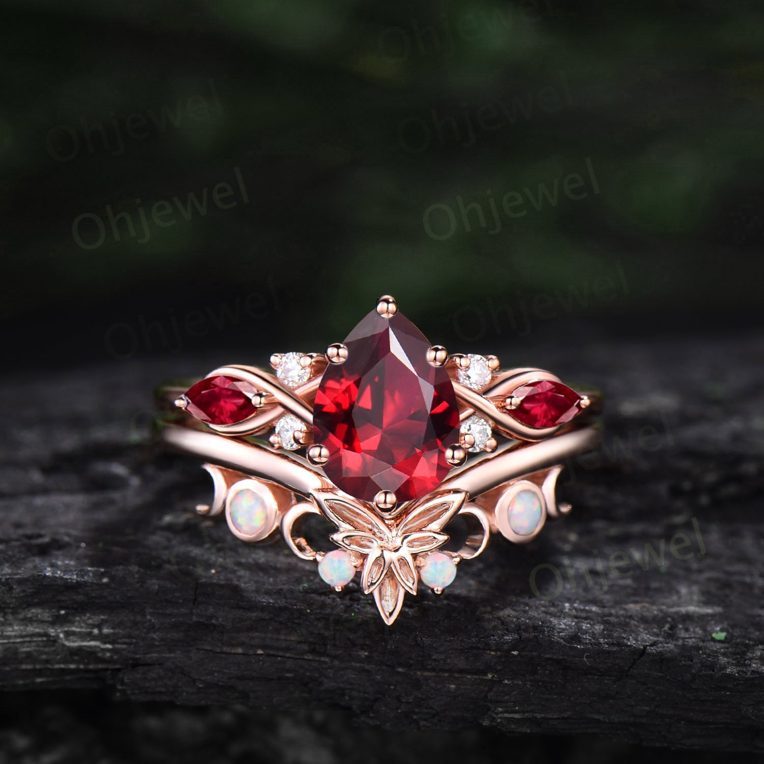 Pear shaped red ruby ring 6 prong vintage unique ruby engagement ring cluster rose gold opal ring leaf Celtic knot wedding ring set women
