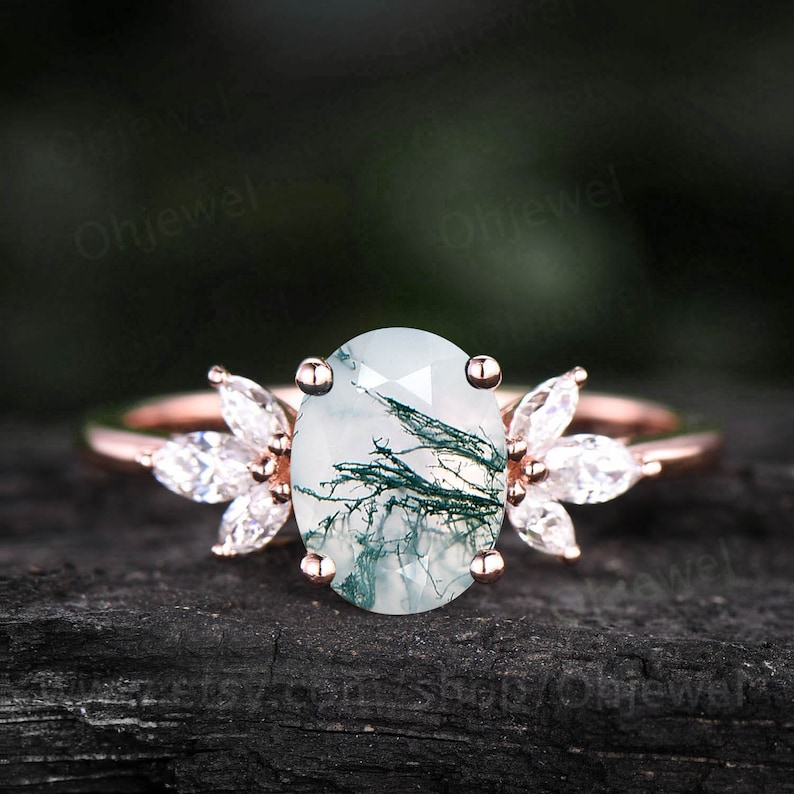Oval cut moss agate engagement ring vintage rose gold green moss ring organic stone 7 stone ring marquise moissanite ring dainty shops jewelry